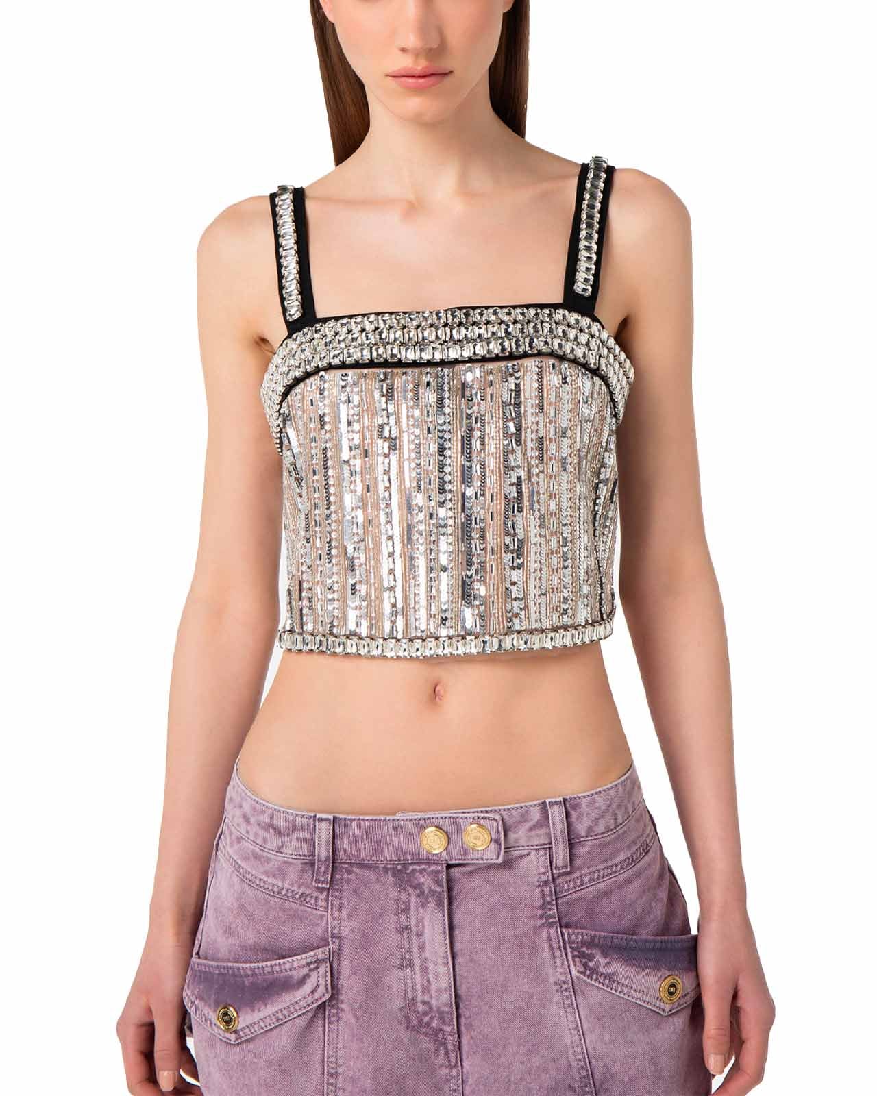 Elisabetta Franchi Crop top embroidered with stones and settings