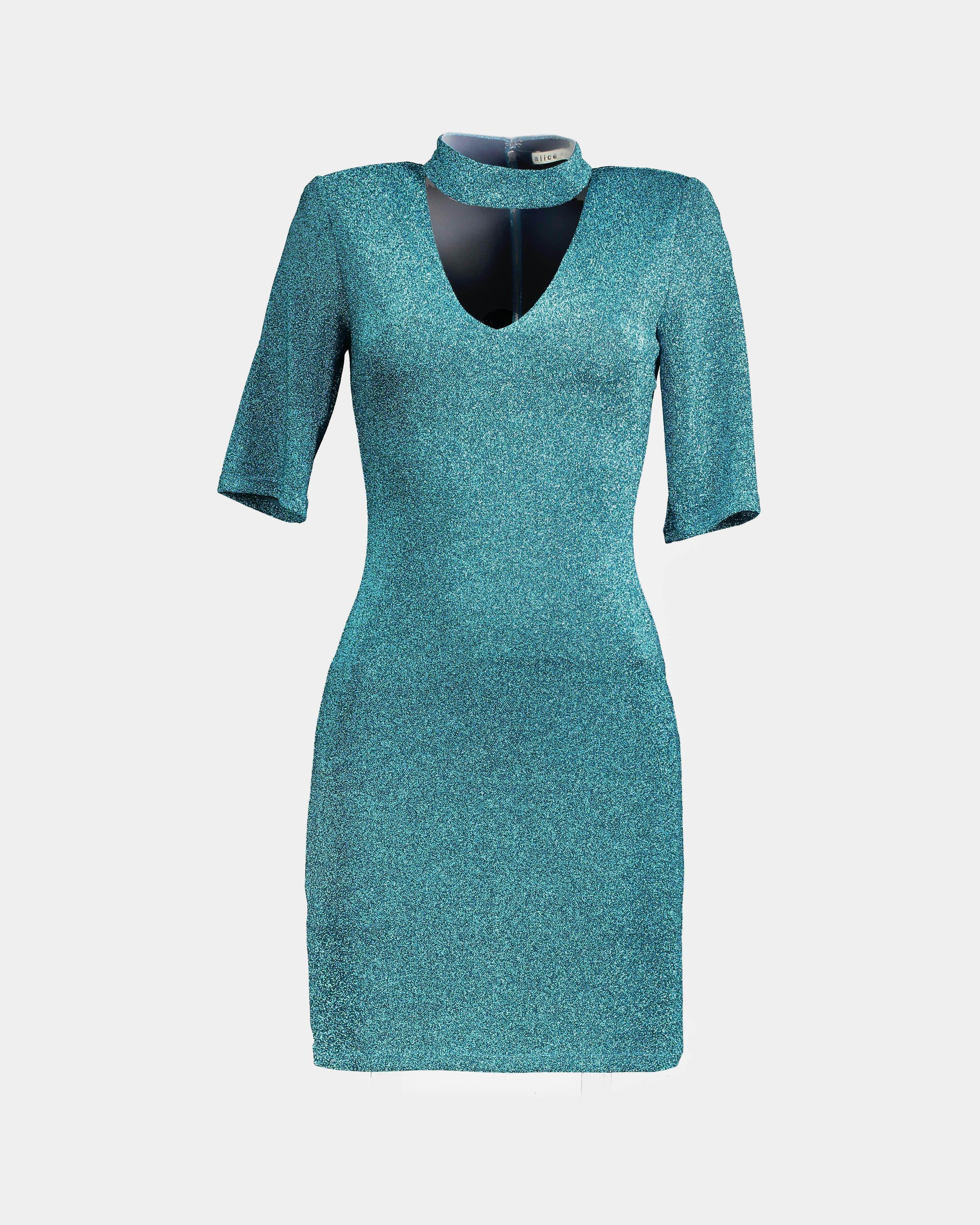 ALICE OLIVIA Inka turquoise glitter lurex dress leml