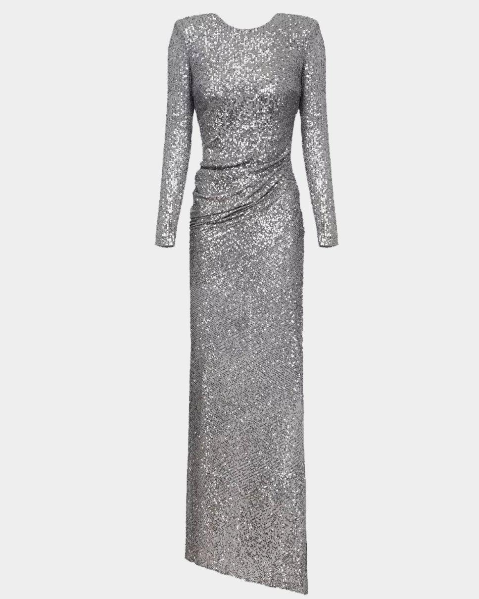 elisabetta franchi silver dress Elisabetta Franchi Halterneck Sequined Maxi Dress | Silver