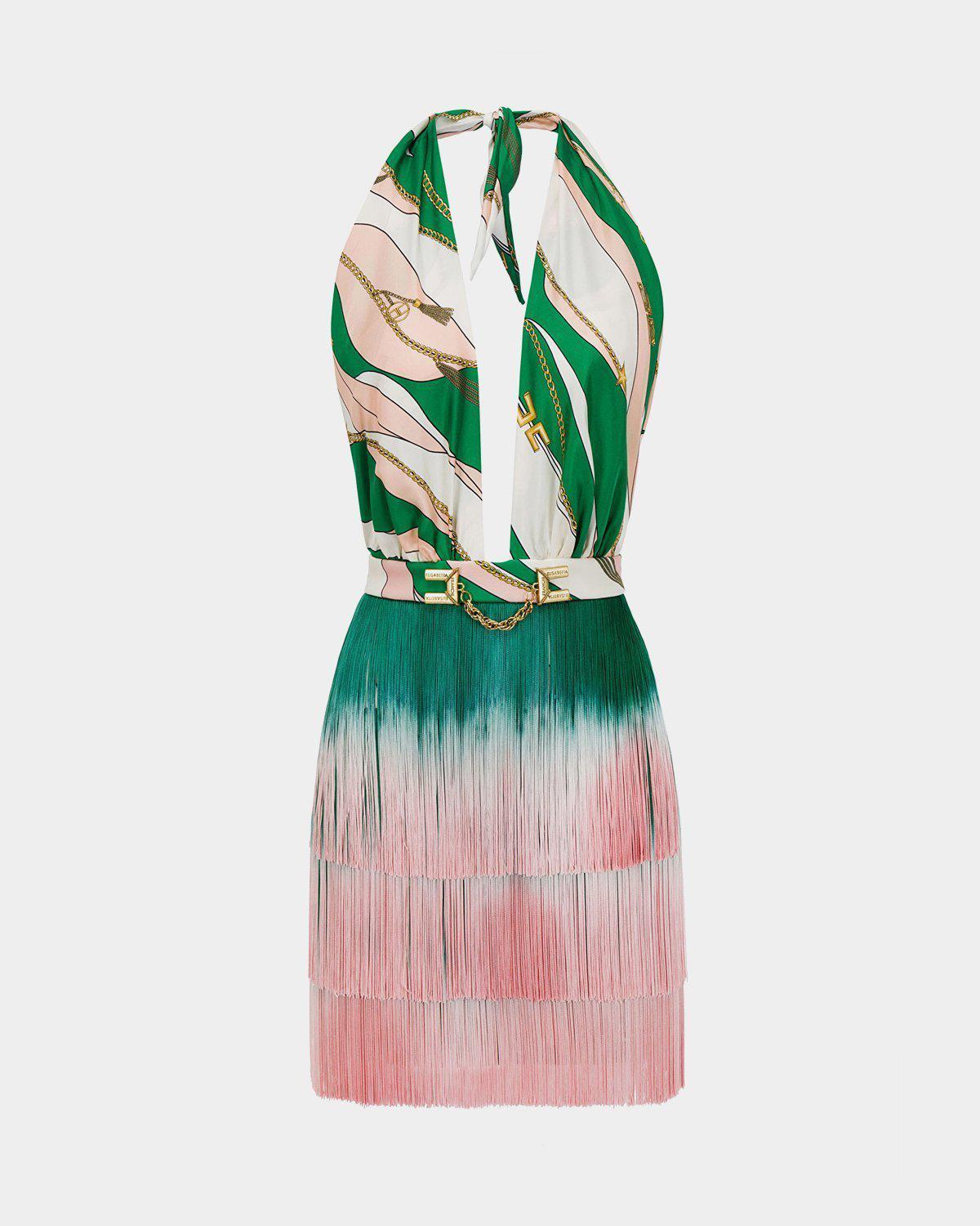Elisabetta Franchi Abito corto frange rosa verde