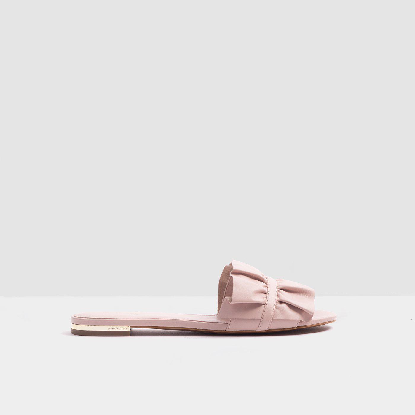 Michael Kors Bella Ruffle Slide sandal in pink nappa lemlo