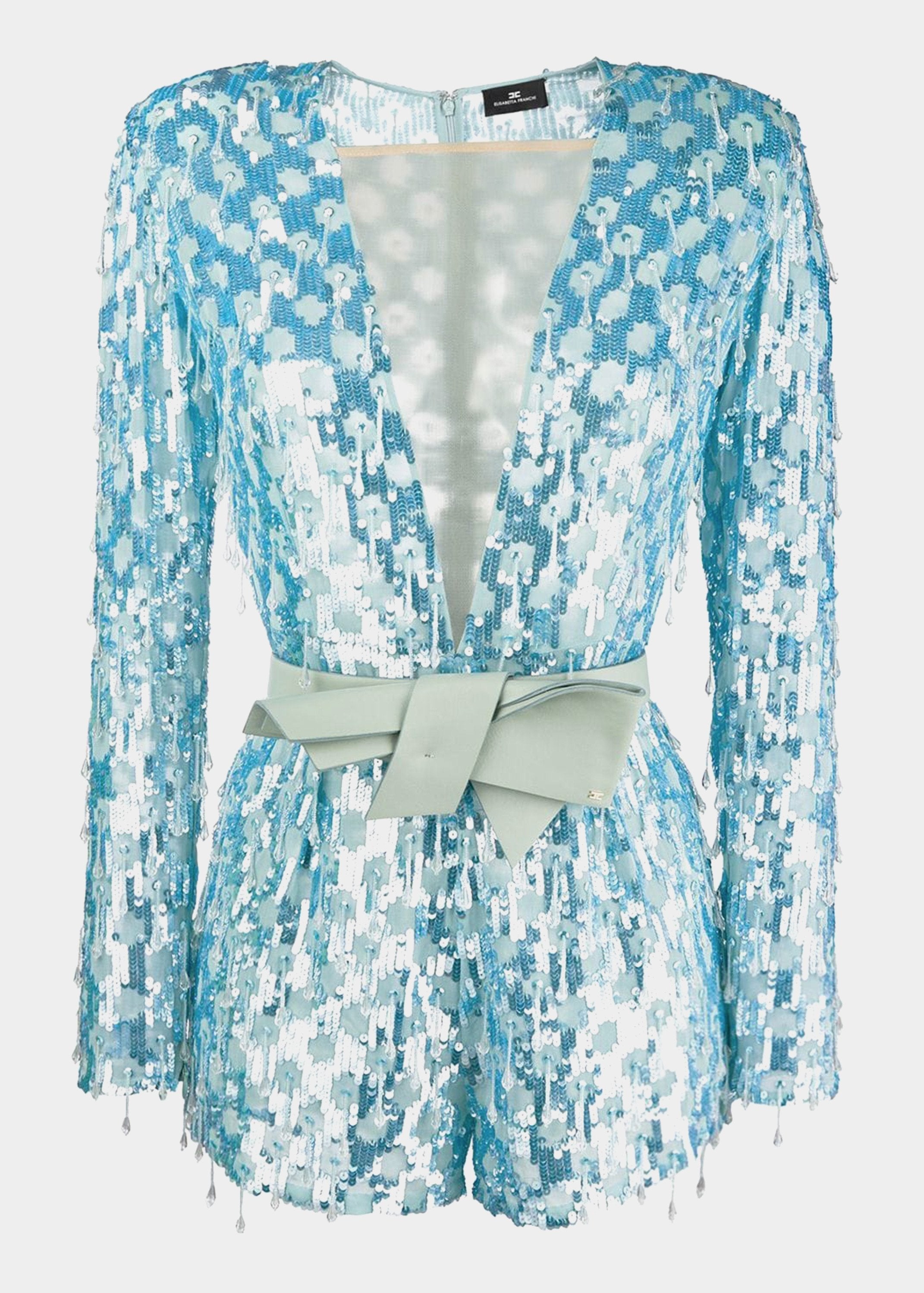 Elisabetta Franchi Tuta corta paillettes celeste zucchero filato