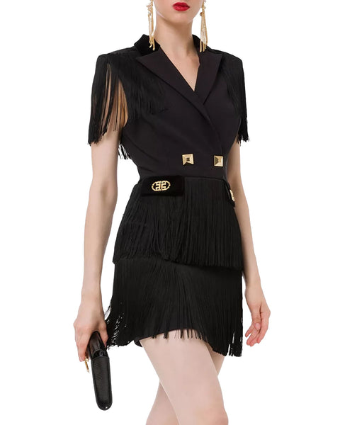 Abito Elisabetta Abito Nero Frange Con Frange Mini Abito Con