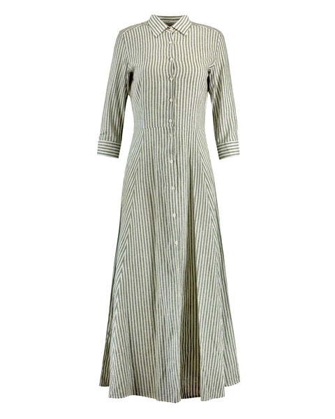 Miss Bastoncino Abito chemisier lungo lino righe verdi – lemlò