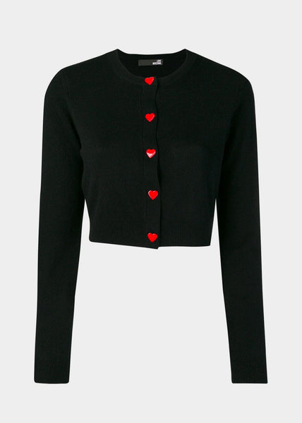 Love Moschino Black wool cardigan with red hearts